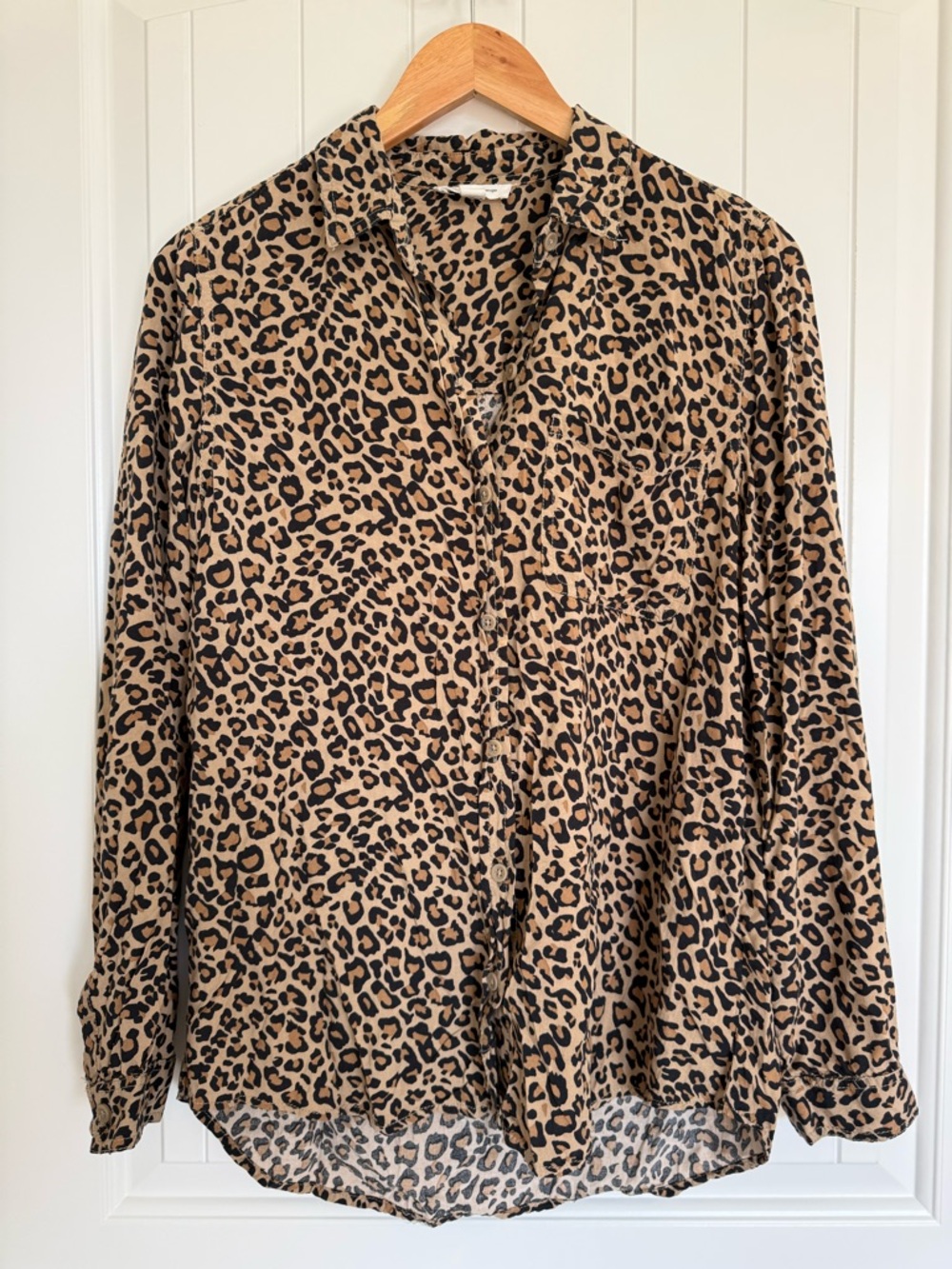 Leopard Print Button Down Blouse Long Sleeve Animal Print Shirt Beige Brown M